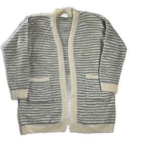 Mia & Tess Cream Blue Striped Fuzzy Open Front‎ Long Cardigan Sweater M/L